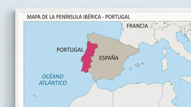 Mapa de Portugal en la península ibérica, junto a España y el océano Atlántico, imagen para una guía sobre dónde queda Portugal.