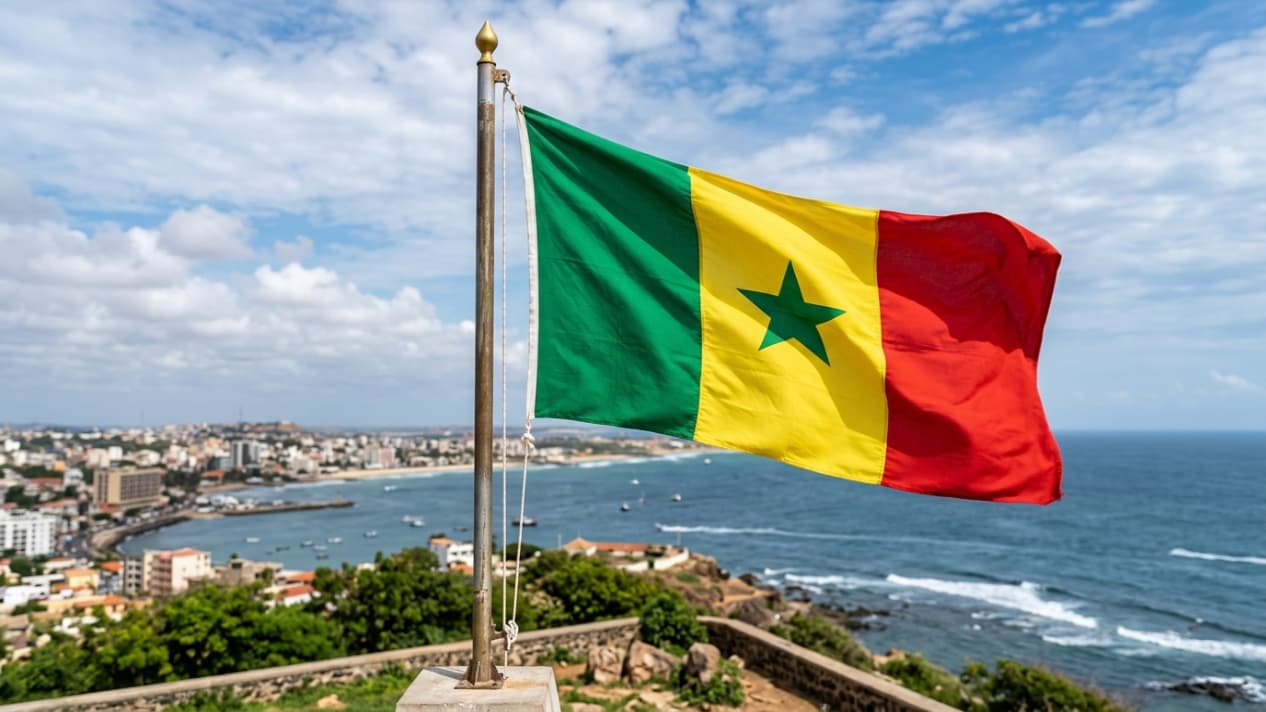 Bandera de Senegal ondeando sobre la costa de Dakar, capital del país, en África occidental.