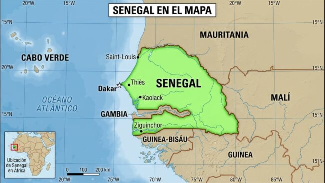 Mapa de Senegal, capital y países limítrofes Mapa de Senegal en África occidental, con Dakar, el océano Atlántico y sus límites con Mauritania, Malí, Guinea, Guinea-Bisáu y Gambia.