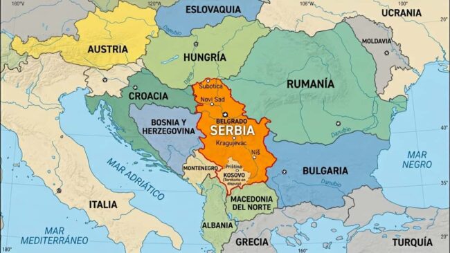 Mapa de Serbia en Europa, con Belgrado y sus límites con Hungría, Rumania, Bulgaria, Macedonia del Norte, Montenegro, Bosnia y Herzegovina y Croacia.