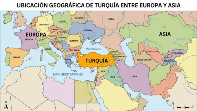 Mapa de Turquía que muestra su ubicación entre Europa y Asia, con países vecinos y mares cercanos, en una imagen relacionada con dónde queda Turquía.