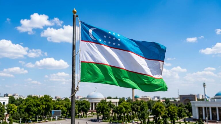 Bandera de Uzbekist&aacute;n ondeando en Taskent, capital del pa&iacute;s, imagen relacionada con una gu&iacute;a sobre d&oacute;nde queda Uzbekist&aacute;n.