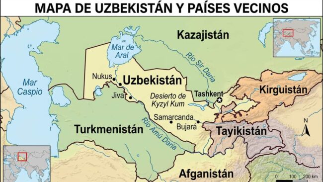 Mapa de Uzbekistán en Asia central, con Taskent, Samarcanda, Bujará y sus límites con Kazajistán, Kirguistán, Tayikistán, Afganistán y Turkmenistán.