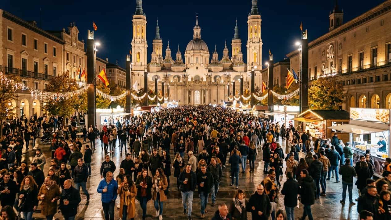 Multitud frente a la Basílica del Pilar en Zaragoza durante las Fiestas del Pilar, una de las celebraciones más importantes de Aragón.