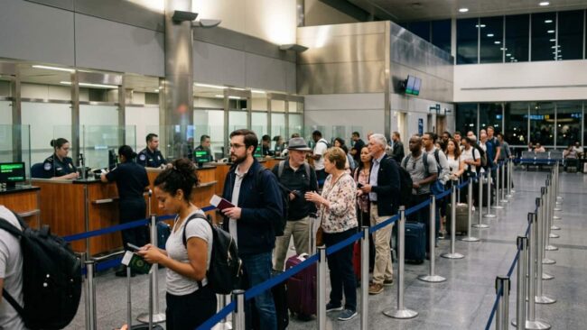 Pasajeros hacen fila en un control del aeropuerto durante un viaje con conexión internacional.