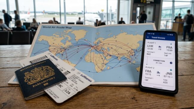 Pasaporte, tarjeta de embarque e itinerario de vuelos con conexión sobre una mesa en el aeropuerto.