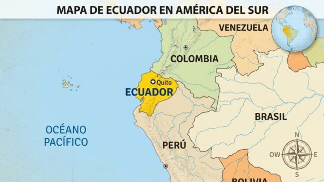 Mapa de Ecuador en América del Sur con el país resaltado, Quito marcada y referencias a Colombia, Perú y el océano Pacífico.