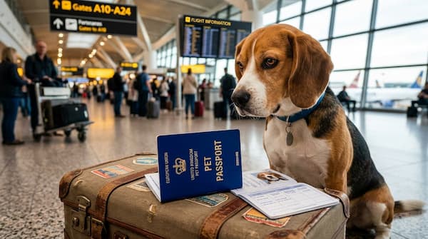 perro mirando un pasaporte para mascotas apoyado en una valija