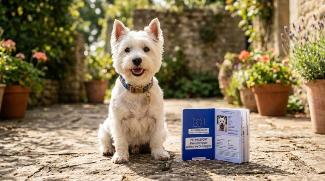 perro con orejas paradas y pasaporte para mascotas azul