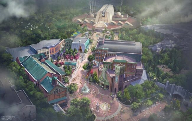 Vista aérea conceptual de Monstropolis, la nueva tierra temática inspirada en Monsters Inc. que llegará a Disney Hollywood Studios.