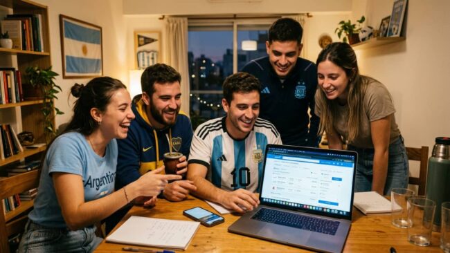 Grupo de argentinos calculando vuelos y alojamiento para viajar al Mundial 2026 en Estados Unidos desde Argentina.