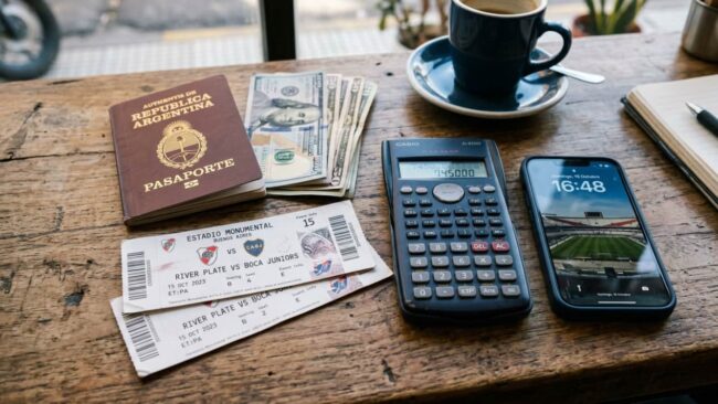 Pasaporte argentino, dólares, calculadora y entradas de fútbol sobre una mesa, imagen relacionada con el presupuesto para viajar al Mundial 2026 desde Argentina.