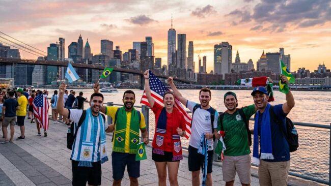 Hinchas argentinos, brasileños, estadounidenses y mexicanos en Nueva York durante el Mundial 2026, imagen relacionada con los costos de viajar desde Argentina a Estados Unidos.