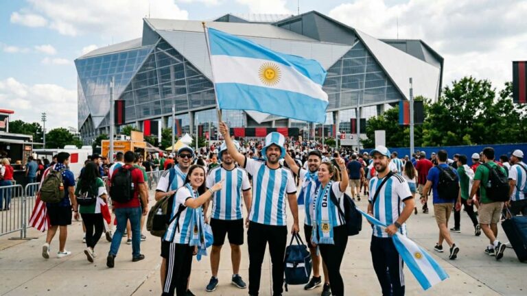 Hinchas argentinos frente a un estadio en Estados Unidos, imagen relacionada con cu&aacute;nto cuesta viajar al Mundial 2026 desde Argentina.