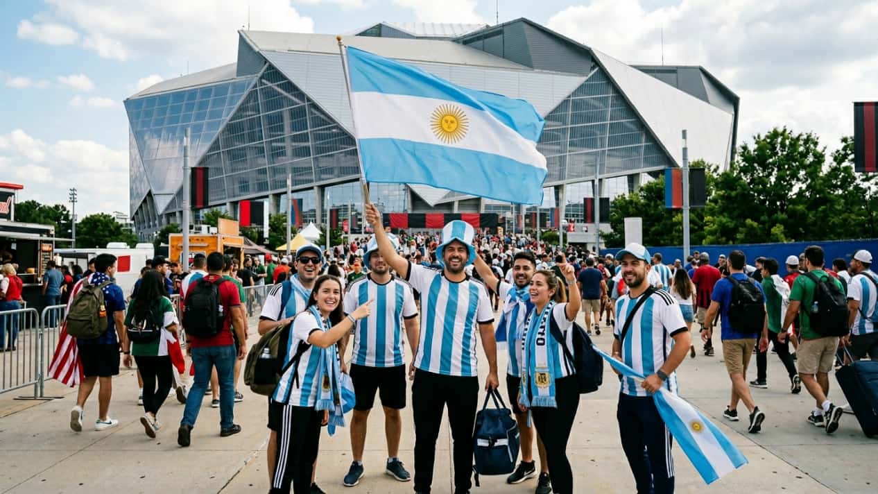 Hinchas argentinos frente a un estadio en Estados Unidos, imagen relacionada con cuánto cuesta viajar al Mundial 2026 desde Argentina.