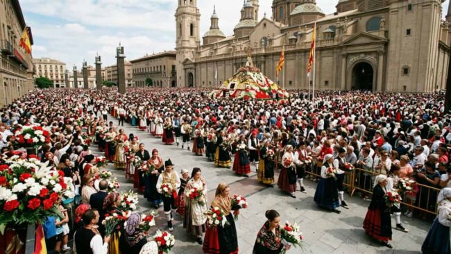 Ofrenda de Flores en Zaragoza durante las Fiestas del Pilar 2026 Ofrenda de Flores en la Plaza del Pilar de Zaragoza durante las Fiestas del Pilar, con participantes vestidos con trajes tradicionales.