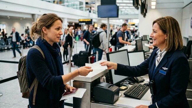 Pasajera recibe asistencia de una empleada de aerolínea tras perder un vuelo con conexión.