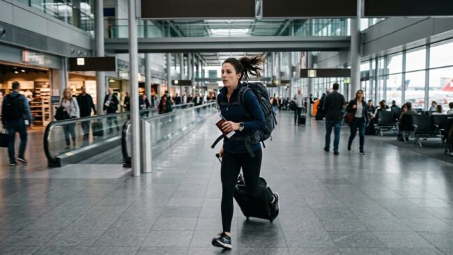 Pasajera corre por una terminal de aeropuerto para no perder un vuelo con conexión.