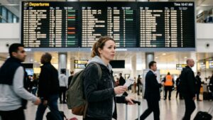 Pasajera preocupada en un aeropuerto consulta el panel de salidas tras perder o estar por perder un vuelo con conexi&oacute;n.