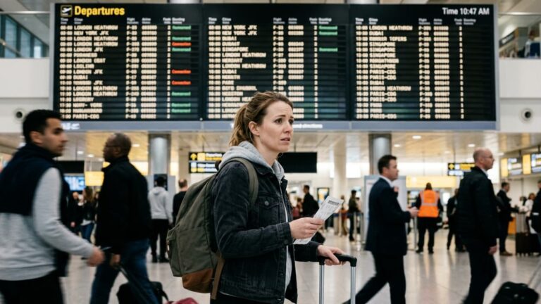 Pasajera preocupada en un aeropuerto consulta el panel de salidas tras perder o estar por perder un vuelo con conexi&oacute;n.