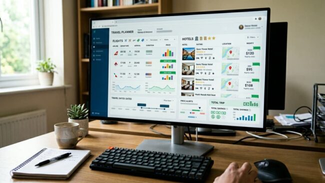 Pantalla con comparador de vuelos y hoteles, útil para revisar precios antes de reservar en Priceline.