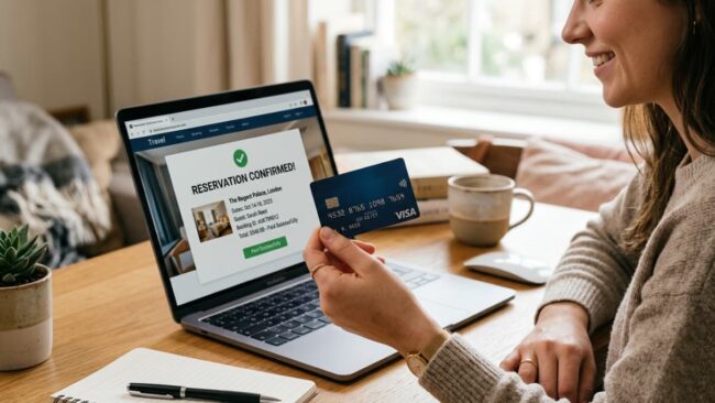 Persona confirmando una reserva de viaje online con tarjeta de crédito, imagen útil para una guía sobre opiniones de Priceline.
