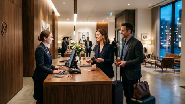 Viajeros haciendo check-in en un hotel después de reservar alojamiento online, imagen útil para una guía sobre opiniones de Priceline.