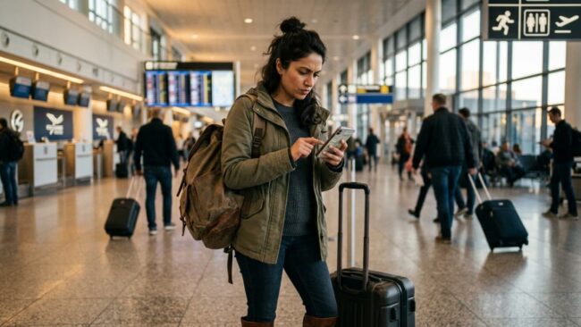Viajera revisando una reserva en su celular dentro de un aeropuerto, imagen útil para una guía sobre opiniones de Priceline.