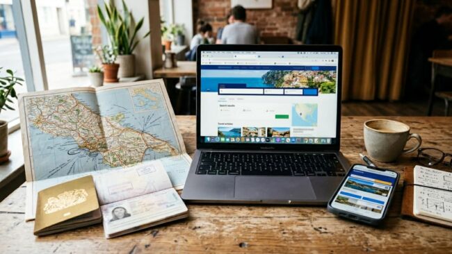 Laptop y celular con una plataforma de reservas de viaje online, junto a pasaporte y mapa, para comparar precios antes de reservar.