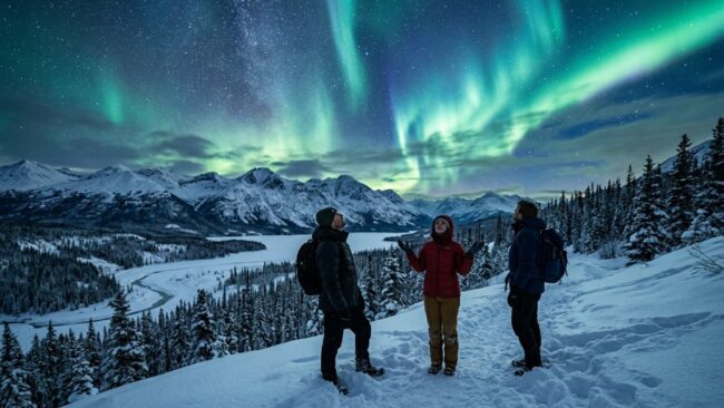 Noctourism: viajes para ver auroras boreales y vivir la noche Viajeros observando auroras boreales en un paisaje nevado, una de las experiencias más buscadas del noctourism o turismo nocturno.
