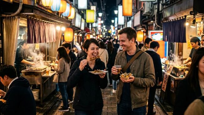 Noctourism: mercados nocturnos y experiencias gastronómicas Viajeros probando comida callejera en un mercado nocturno, una experiencia vinculada al noctourism o turismo nocturno.