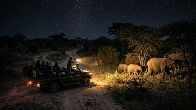 Noctourism: safaris nocturnos y viajes alrededor de la noche Safari nocturno con elefantes bajo un cielo estrellado, una experiencia asociada al noctourism o turismo nocturno.