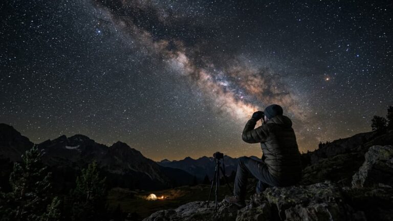 Viajero observando la Vía Láctea en una zona de montaña, una experiencia asociada al noctourism o turismo nocturno.