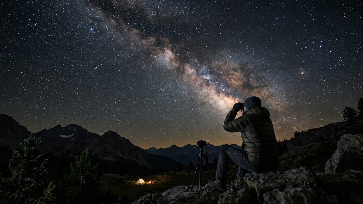 Viajero observando la Vía Láctea en una zona de montaña, una experiencia asociada al noctourism o turismo nocturno.