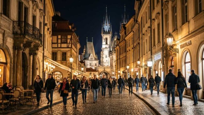 Noctourism: recorrer ciudades históricas de noche Viajeros caminando de noche por una calle histórica iluminada, una experiencia urbana asociada al noctourism.