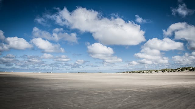 Vista de Rømø Beach, en Dinamarca, con una extensa superficie de arena, dunas bajas y cielo abierto sobre la costa.