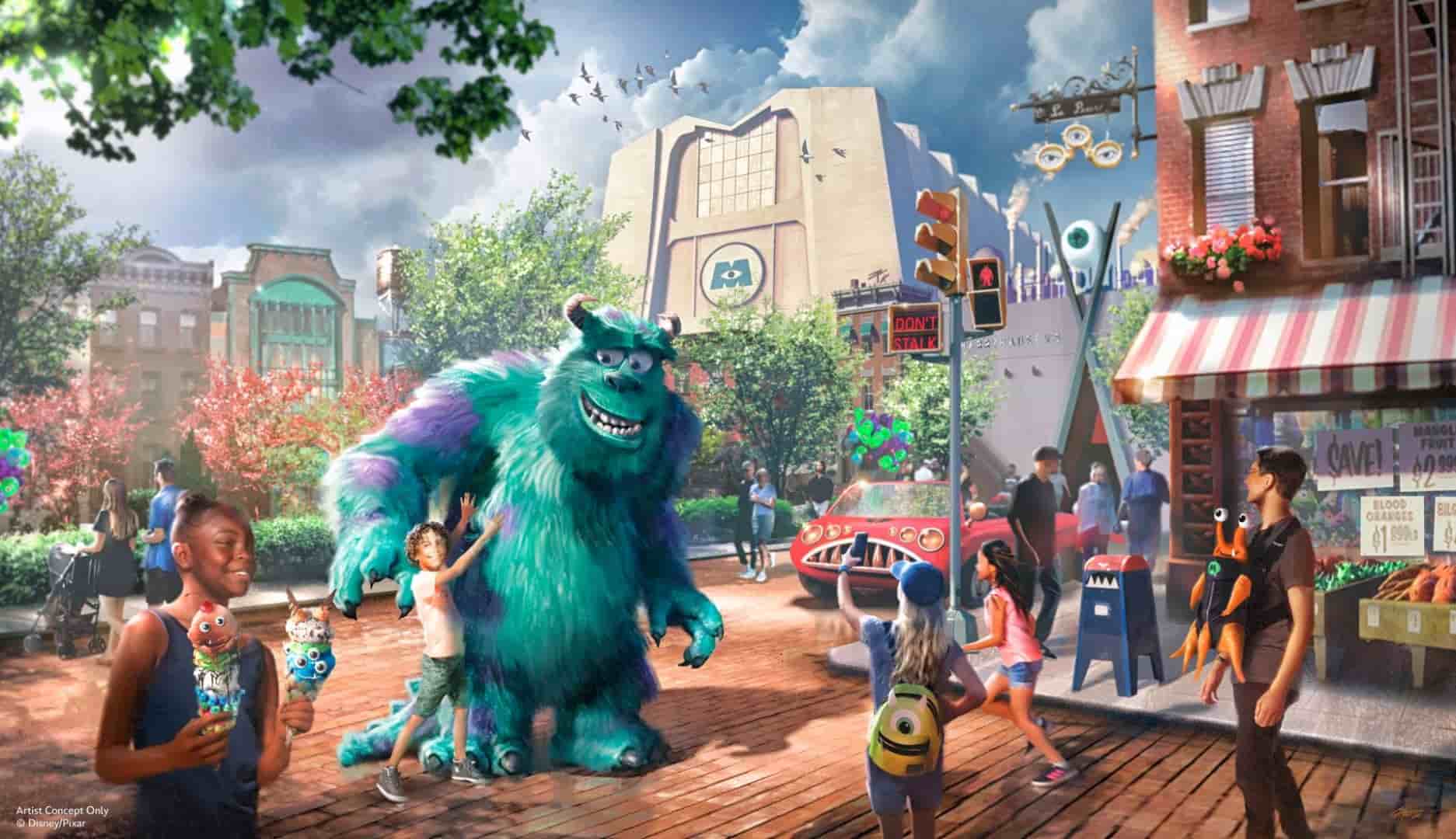 Sulley camina por Monstropolis en una imagen conceptual de la nueva tierra temática de Monsters Inc. en Disney Hollywood Studios.