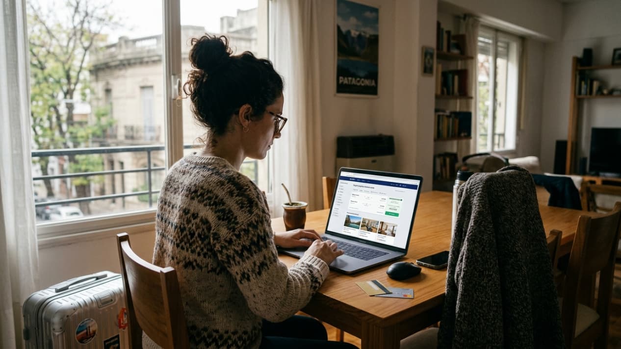 Persona buscando ofertas de viajes online durante el Travel Sale 2026, imagen relacionada con vuelos, hoteles y paquetes más baratos.