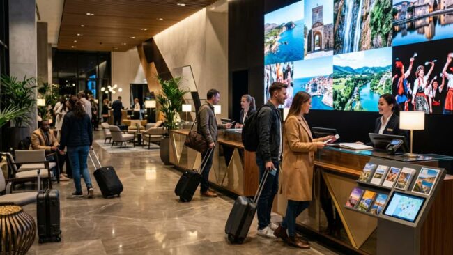 Travel Sale 2026: ofertas de hoteles, paquetes y agencias de viaje Viajeros consultando ofertas de hoteles y paquetes durante el Travel Sale 2026, imagen relacionada con promociones turísticas y viajes baratos.