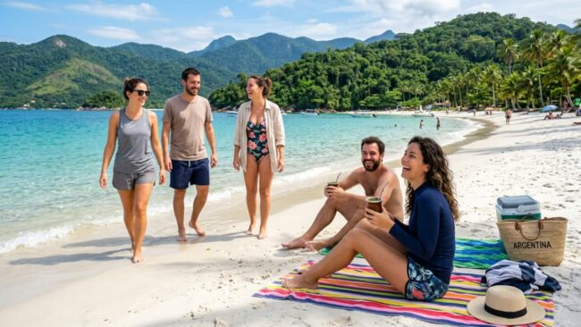 Travel Sale 2026: paquetes y escapadas de playa Grupo de argentinos disfrutando una playa durante un viaje, imagen relacionada con paquetes, escapadas y ofertas del Travel Sale 2026.