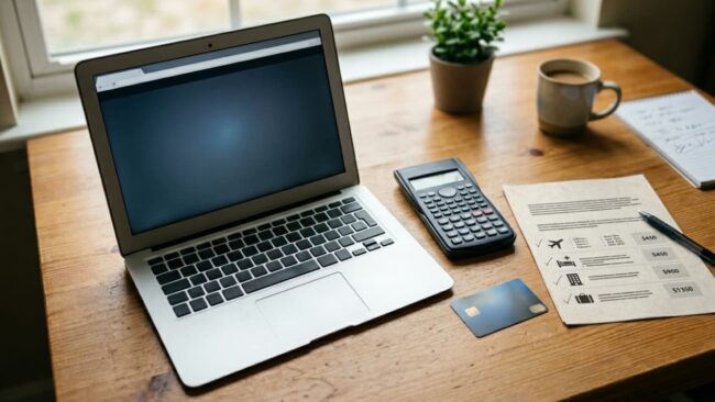 Computadora, calculadora, tarjeta y presupuesto de viaje sobre una mesa, imagen relacionada con cómo encontrar ofertas en el Travel Sale 2026.