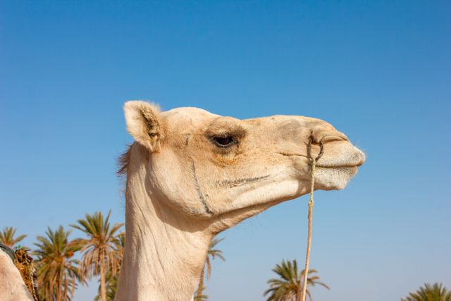 Primer plano de un camello en Túnez, una imagen asociada a los paisajes del desierto y las excursiones por el Sahara.