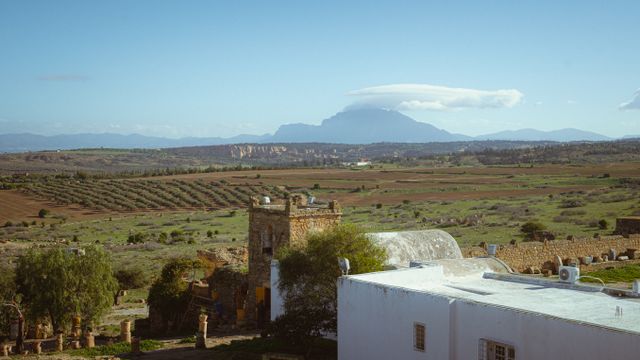 Paisaje rural de Túnez con campos, construcciones tradicionales y montañas al fondo.