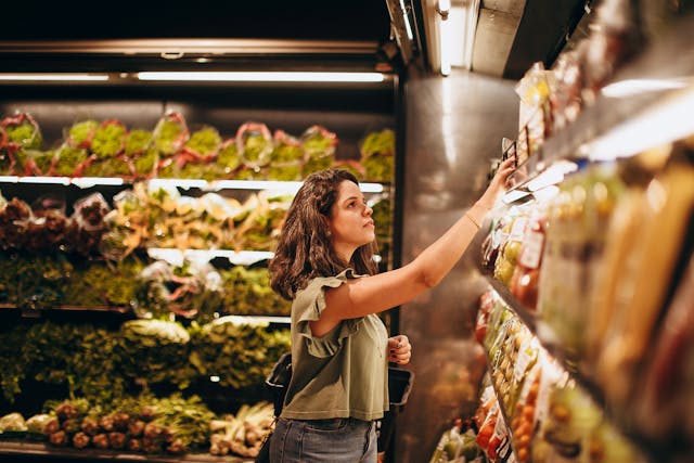 Viajera recorriendo la sección de frutas y verduras de un supermercado, una escena asociada al turismo de supermercado.
