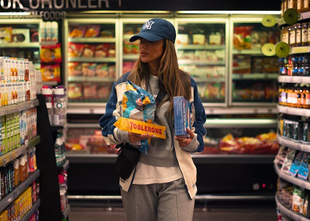 Viajera comprando snacks y productos locales en un supermercado, una experiencia asociada al turismo de supermercado.