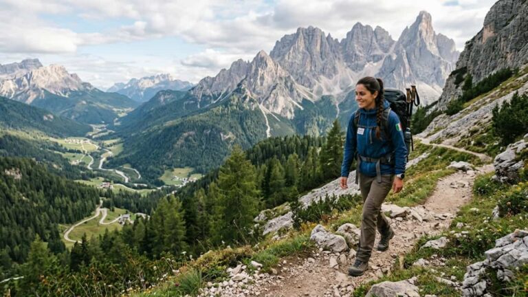 Mujer haciendo senderismo en los Alpes italianos, imagen de una convocatoria para pasar un mes como voluntario con alojamiento y gastos cubiertos.