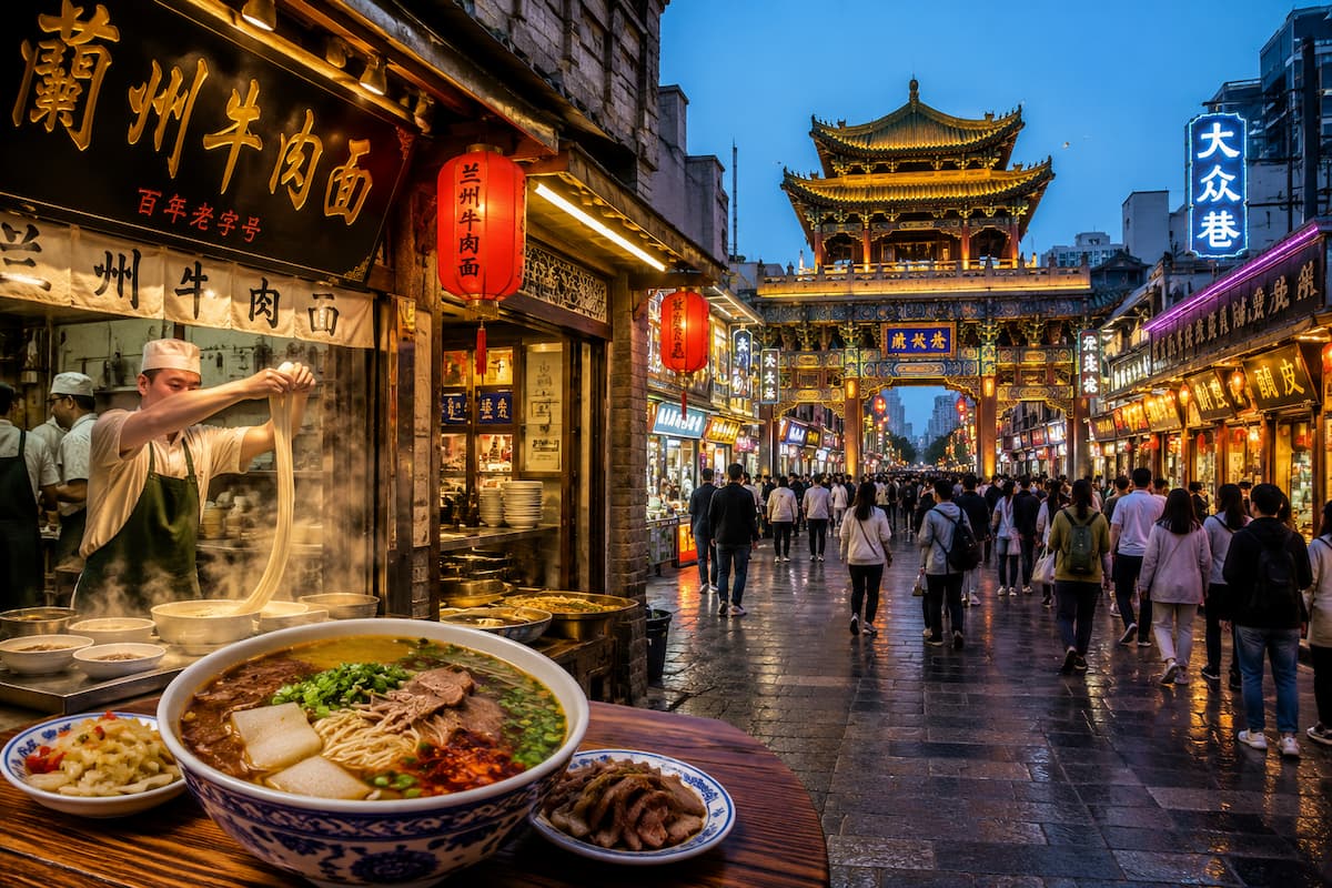 Calle gastronómica de Lanzhou, China, con puestos de comida y preparación de fideos tradicionales