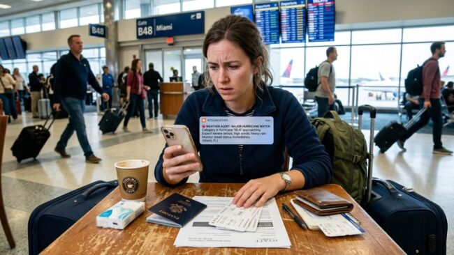 Alerta de huracán en el aeropuerto: qué hacer con vuelos y seguro de viaje Viajera en un aeropuerto revisando una alerta de huracán en su celular, con pasaporte, pasajes y valijas sobre la mesa.