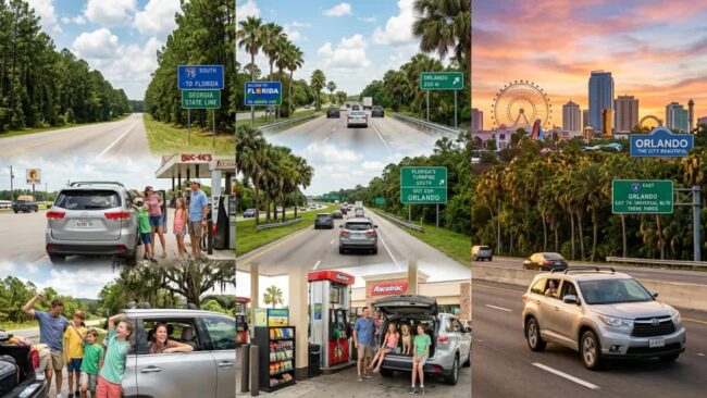Collage del viaje en carro de Atlanta a Orlando con tramos de ruta, paradas en el camino, cruce a Florida y llegada a Orlando.