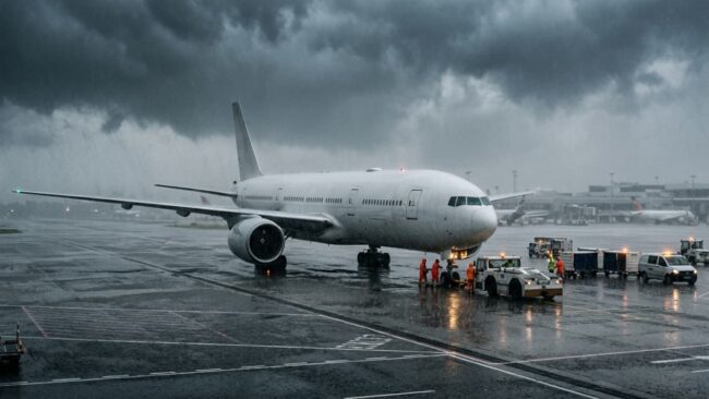 Vuelos afectados por tormenta tropical en el aeropuerto Avión en la pista de un aeropuerto bajo lluvia intensa y nubes de tormenta, imagen relacionada con vuelos afectados por tormentas tropicales.